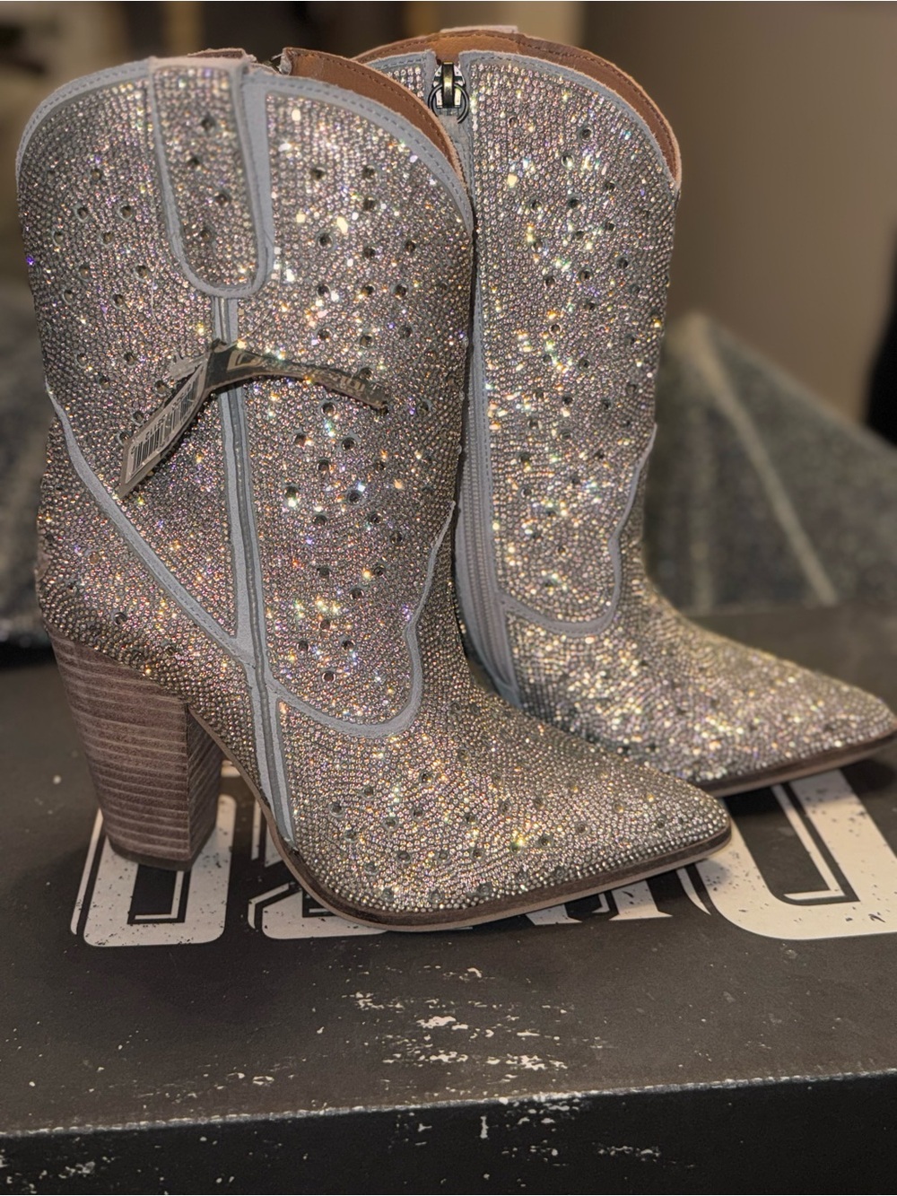 Dingo Silver Crystal Embellished Heeled Cowboy Boots